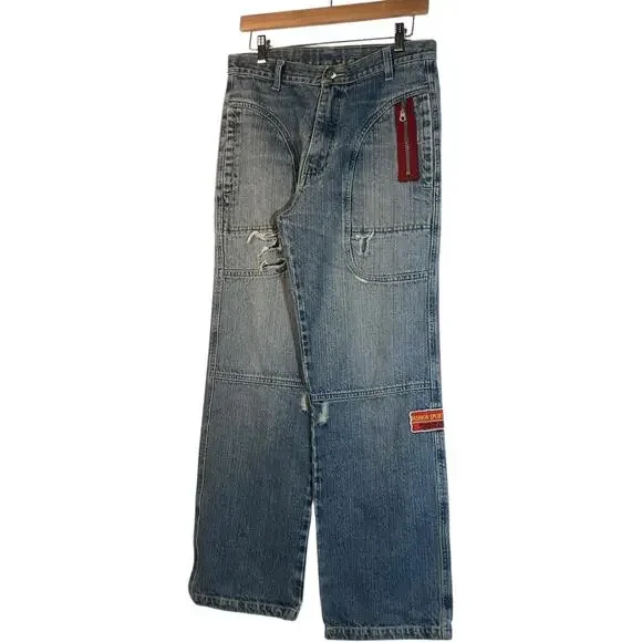 Y2K Small Gang Embroidered Wide Leg Denim Jeans 30x30